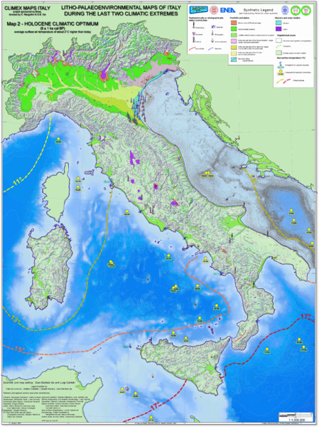 Image shows Litho-paleoenvironmental maps of Italy during last 2 climate extremes, map 2 has synthetic legend factors like vertebrates, Ostracods, diatoms, active faults, stratigraphy, et cetera.