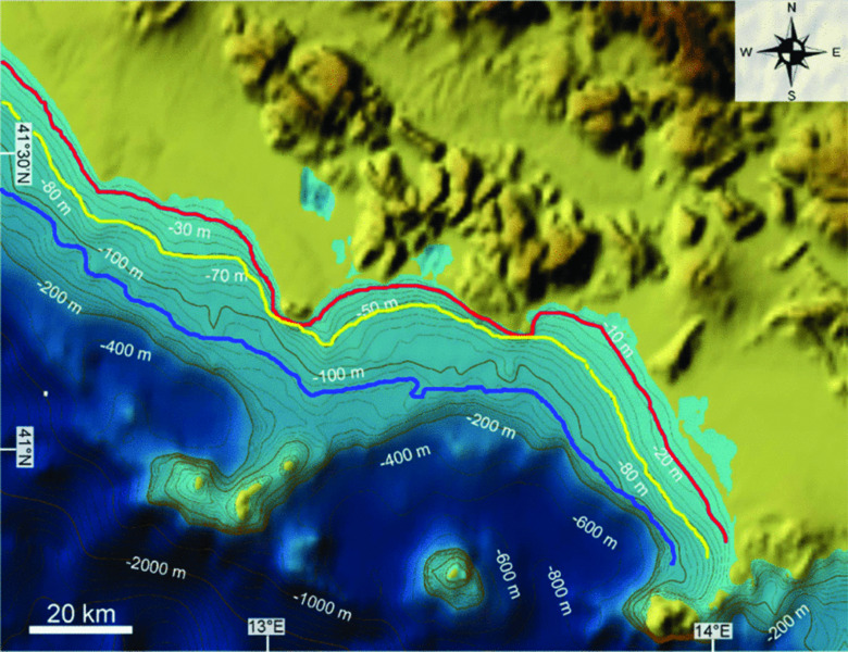 Image shows coast of southern Latium, Tyrrhenian Sea, which has Neolithic coast, Mesolithic coast, and LGM coast.