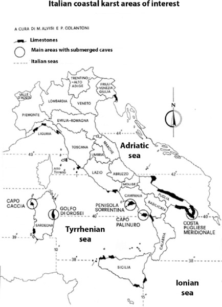 Map shows Tyrrhenian Sea, Ionian Sea, and Adriatic Sea with limestones, main areas with submerged caves, and Italian seas having CapoCaccia, Golfo Di Orosei, et cetera.