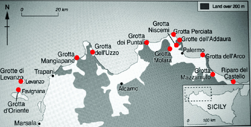 Map shows emerged caves in northern Sicily containing prehistoric remains in Grotte di Levanzo, Levanzo, Trapani, Marsala, Grotta Mangiapane, Grotta Niscemi, et cetera.