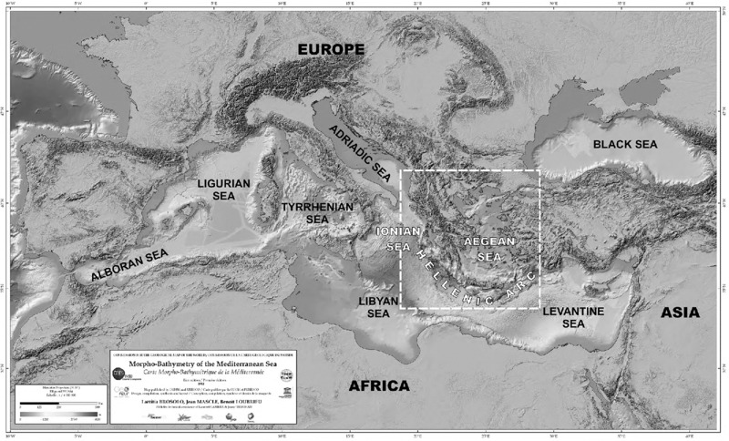 Map shows morpho-bathymetry in Mediterranean Sea with Hellenic Arc including Ionian sea and Aegean sea, Black sea, Levantine sea, Ligurian sea, et cetera.