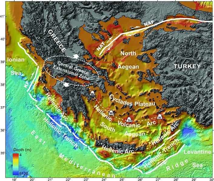 Image shows geotectonic boundaries and features over scale ranging from 4 to 5120, where Cyclades Plateau, Hellenic volcanic arc, Central Greece extensional zone, Levantine, et cetera.