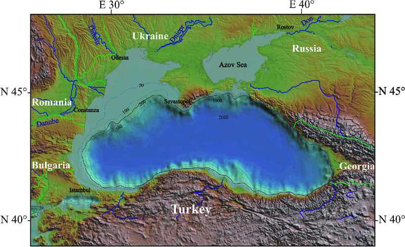 Image shows regional situation of Black Sea with simplified bathymetry, its neighboring countries and main river inputs which are Ukraine, Romania, Bulgaria, Turkey, Georgia, and Russia.