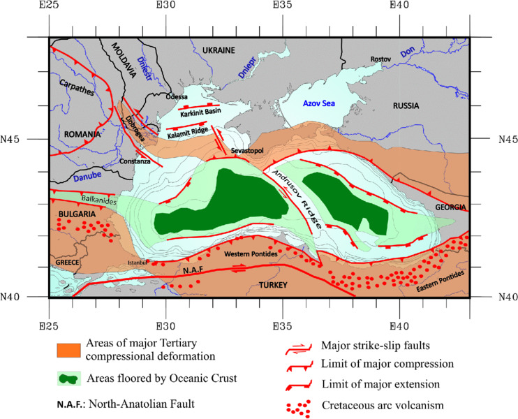 Map shows Black sea solid geology with areas floored by oceanic crust is at central region near Andrusov ridge, major strike slip faults at south like Turkey, areas of compressional deformation like Dobrogea, et cetera.