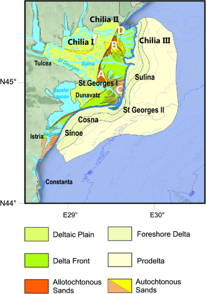 Map shows Danube delta morphology and lobe development sequence, where Chilia I, Chilia II, and Chilia III are as deltaic place and foreshore delta, Cosna as Prodelta, et cetera.