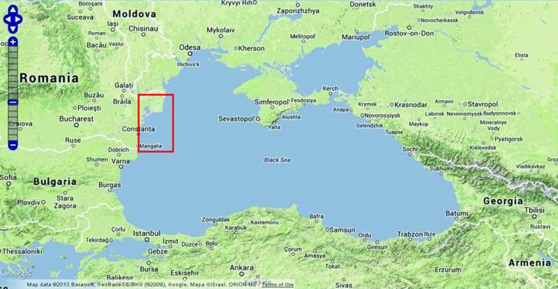 Map shows complete view Romanian Black Sea shelf, where area around Constanta and Mangalia are boxed and shown separately.