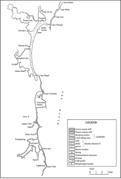 Map shows Geomorphological  Romanian coast between Cape Midia and Cape Tuzla with legend features like active marine cliff, passive marine cliff, land sliding mass, sand, gravel, barrier beaches, cliff profile, et cetera.