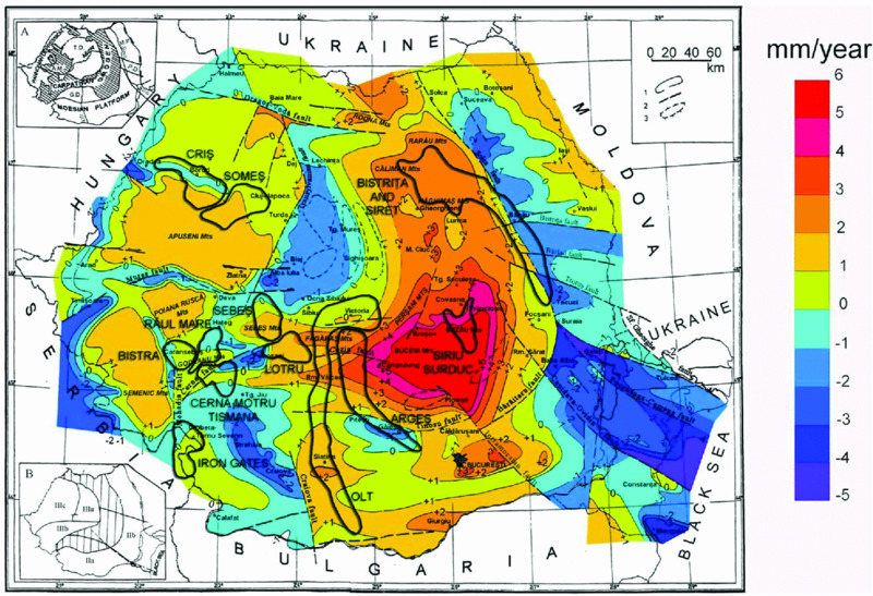 Map shows present vertical crust movement from Dobrogea which includes mm/year scale ranging from -5 to +6.