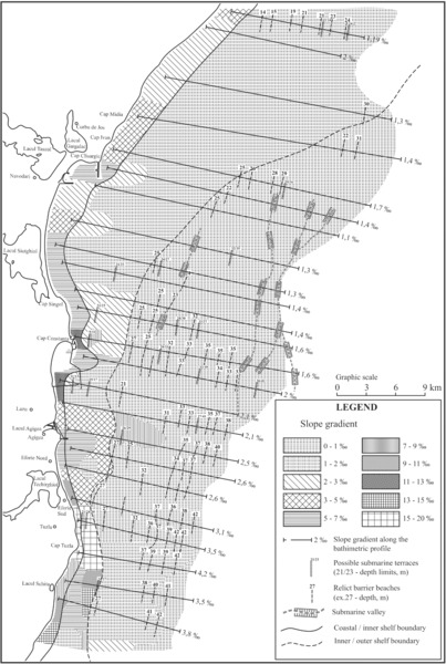 Map shows physiographical view of Romanian Black Sea shelf with legend features like slope gradient ranging from 0 to 20 percent, including submarine valley, coastal/inner shelf boundary, et cetera.