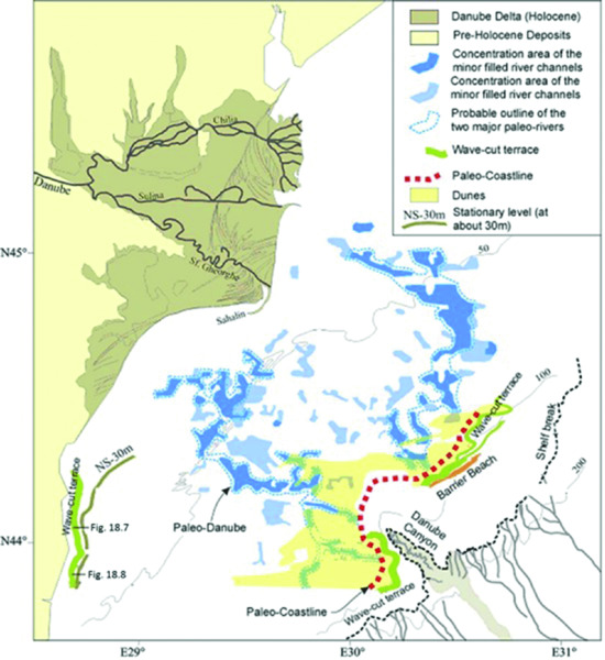 Map shows paleogeographical view of Romanian shelf during period of Danube channel, with key factors like Danube delta, pre-Holocene deposits, minor filled river channels, probable outline, Dunes, et cetera.