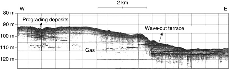 Graph shows sub-bottom profiles on distal shelf on neoeuxinian wave-cut terrace with prograding deposits and wave-cut terrace on border of gas level.