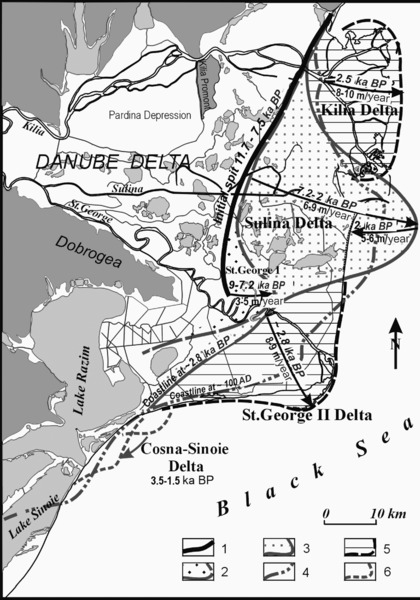 Map shows Danube delta evolution and correspondent coastline changes, where initial spit, St. George I delta, Sulina delta, Coastline position at 100, St. George II delta, and Cosna-Sinoe Delta.