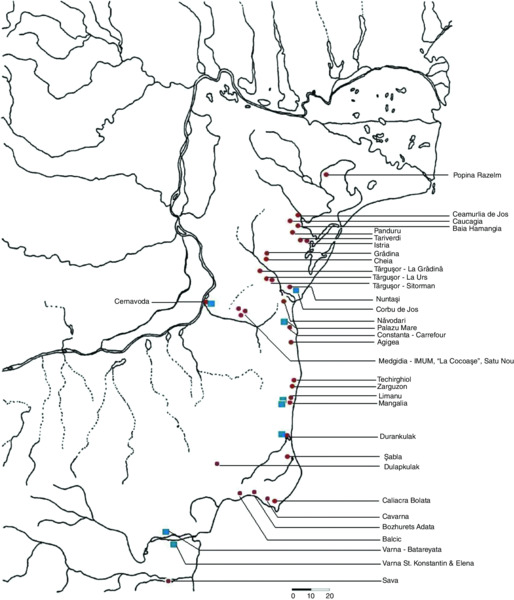 Map shows distribution of sites of Hamangia culture from 5000–4500 BC with Popina Razeim, Panduru, Istria, Chela, Nuntasi, Agigea, Mangalla, Balcic, et cetera.