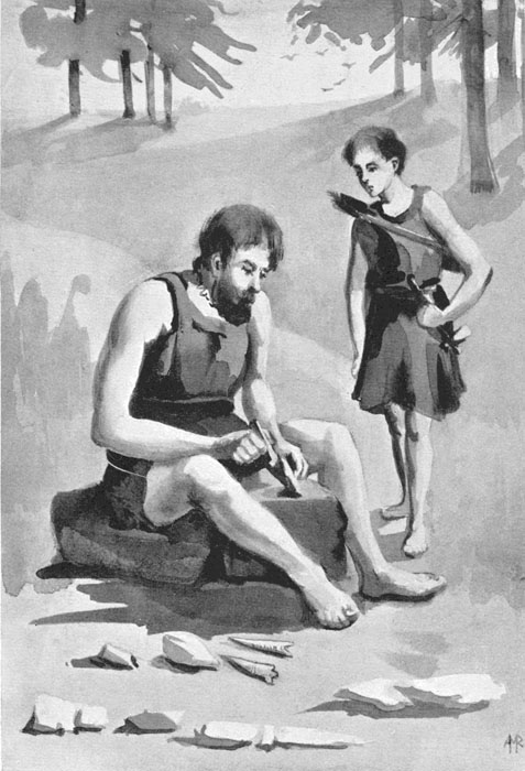 boy watching a man make spear-heads