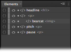 Give IDs to the elements in your HTML document when you create it in your favorite web-building tool. Then when you open that HTML in Animate, you see the IDs as element names. Here, headline, bearcat, pitch, and pause are all element IDs.