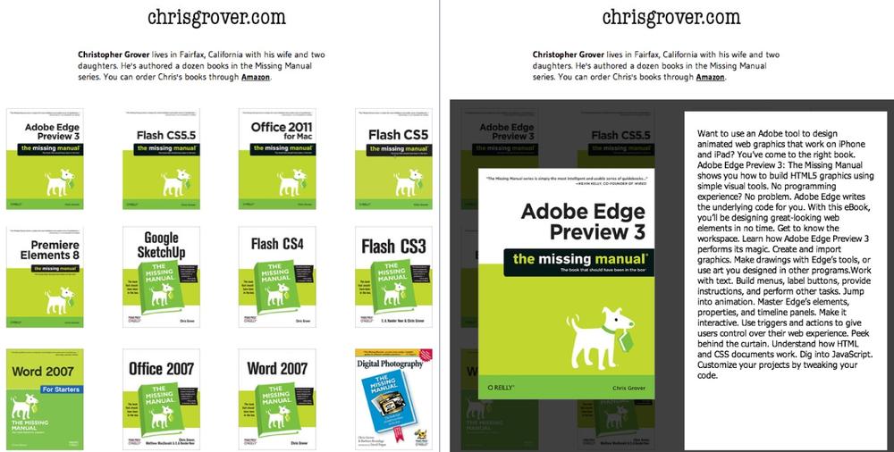 Here’s a page with an Animate composition.Left: Click on one of the books.Right: With a little animated flourish, the page shows the cover and displays some details about the book. If you want to add another Animate composition such as a banner ad to the top of the page, you have to do some HTML hand-coding.