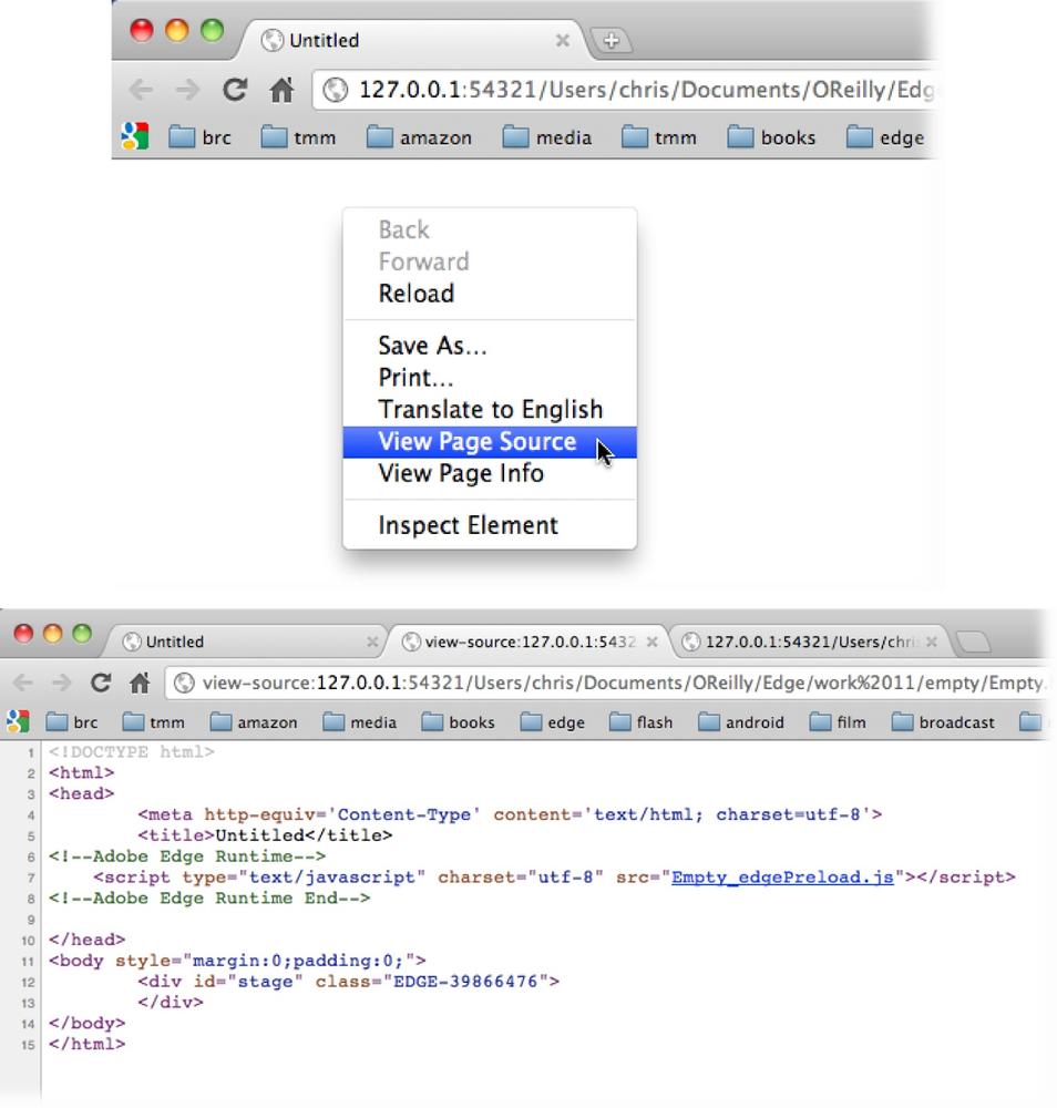 Top: All popular web browsers let you view the HTML source code for a web page. The command in Chrome, shown here, is Right-click→View Page Source.Bottom: The source shown here lists the preload script that Animate adds to the web page. In turn, the preload script links several JavaScript libraries to the page.