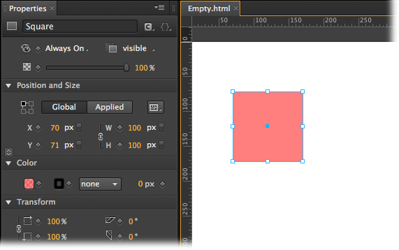 You can find the same properties that define a square’s position, size, and color in the JavaScript code that Animate creates. Tweak the code, and you change the way your square looks in Animate and on the web page.