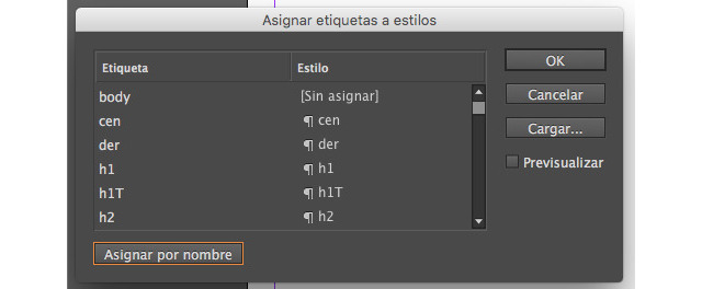 Ventana de Asignar etiquetas a estilos.