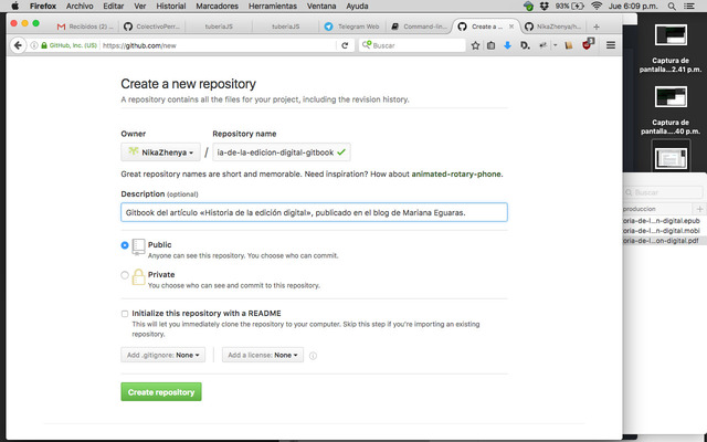 Creación del proyecto para GitBook, 18:09 h.