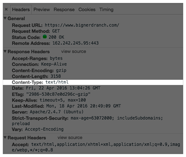 Inspecting the Content-Type header on www.bignerdranch.com