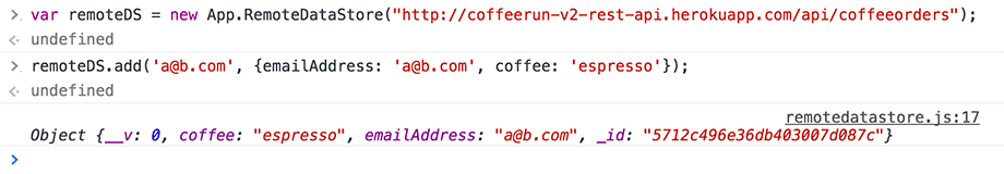 Console showing result of calling RemoteDataStore.add