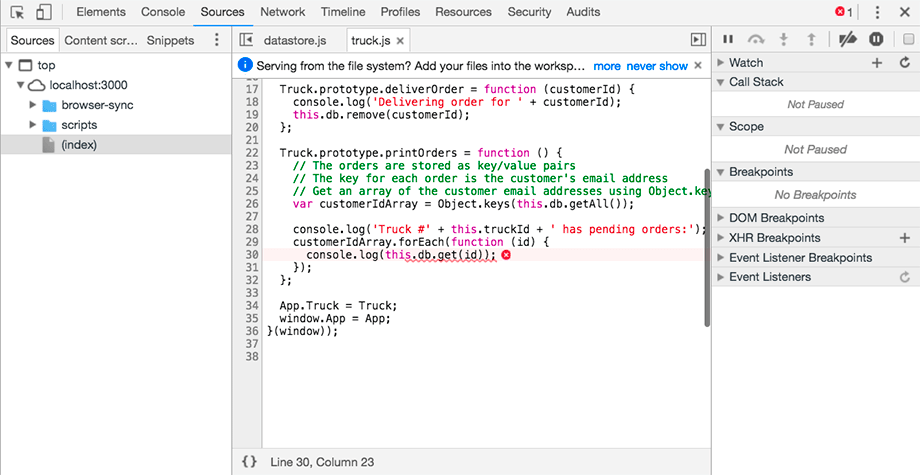 Viewing the error in the debugging tools