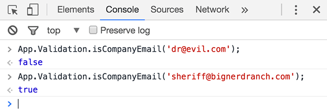 Testing App.Validation.isCompanyEmail on the console