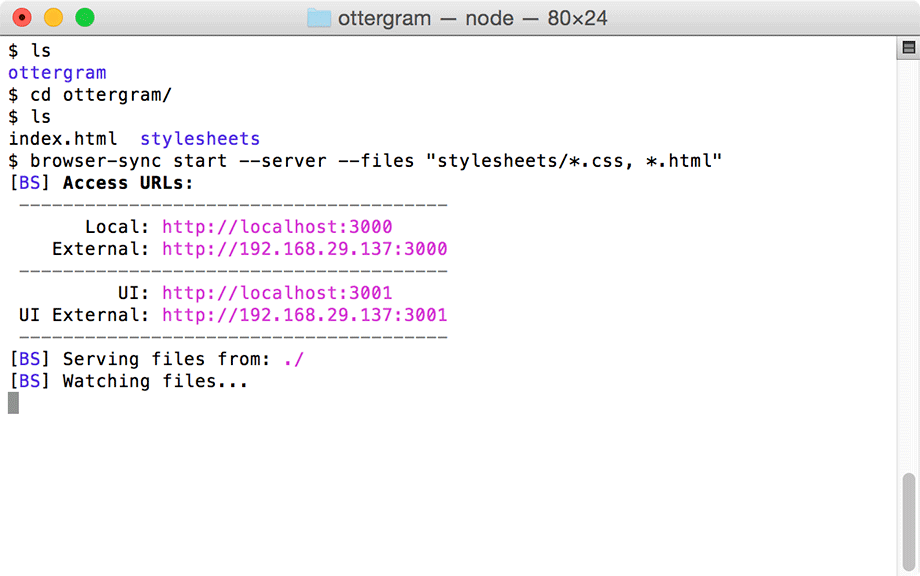 Starting browser-sync in the OS X Terminal