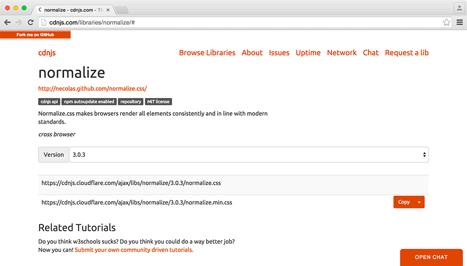 Getting a link to normalize.css from cdnjs.com