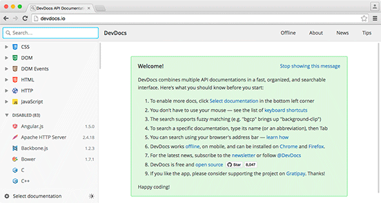 Accessing documentation via devdocs.io