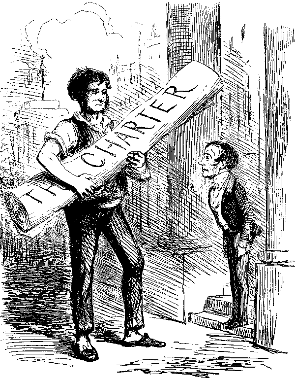 Servant speaking to man carrying a large charter.