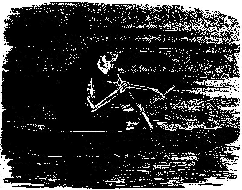 Skeleton rowing a boat.
