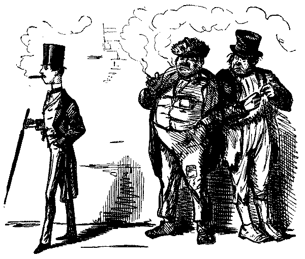 Two workers looking at richly dressed man.