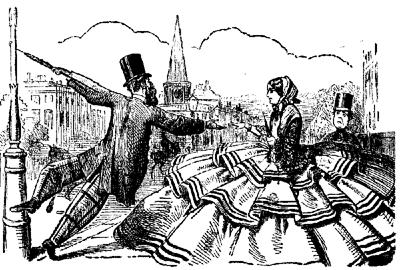 Man reaching to a woman who is wearing a crinoline dress.