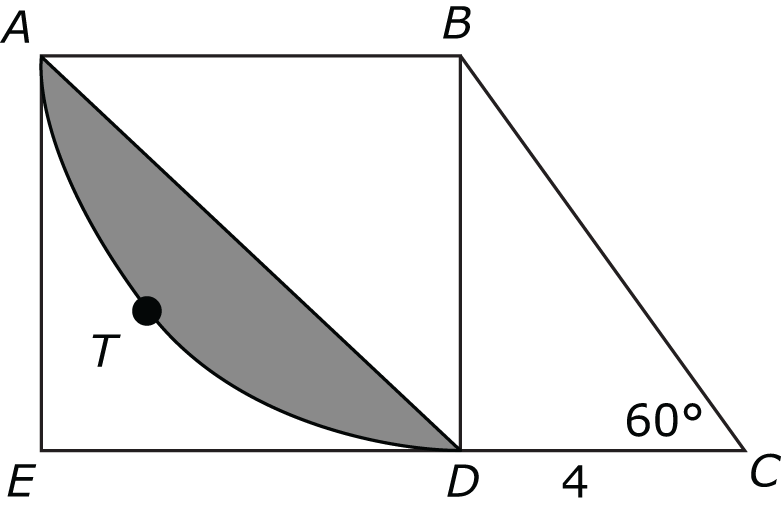 One side of square ABDE is also a leg of triangle BDC. The other leg of triangle BDC is measure 4, and angle C, which is opposite BD, is meausre 60 degrees. A diagonal AD bisects the square, and arc ATD defines a shaded area bounded by the arc and the diagonal AD. 