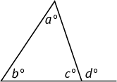 A triangle with interior angles a, b, and c.  Exterior angle d is supplementary to c.