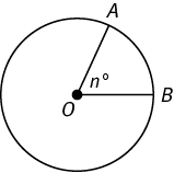 Circle with center O contains points A and B on its circumference, forming sector AOB.  Angle AOB has a measure of n degrees.