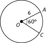 A circle with center O, radius 6, and angle AOC measuring 60 degrees.