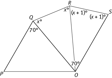 The previous figure with additional angles labeled.  Angle RQO measures x degrees, angle SRO measures (x+1) degrees, and angle QOS measures 70 degrees.