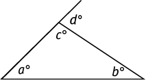 A triangle with interior angles measuring a, b, and c degrees is drawn.  An exterior angle measuring d degrees is drawn adjacent to angle c, and angle c and d form a straight line.