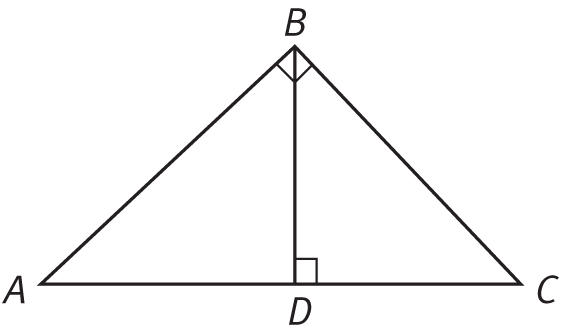 In triangle ABC, angle B is a right angle. Side AC contains point D, and a line segment perpendicular to AC connects point D with vertex B.