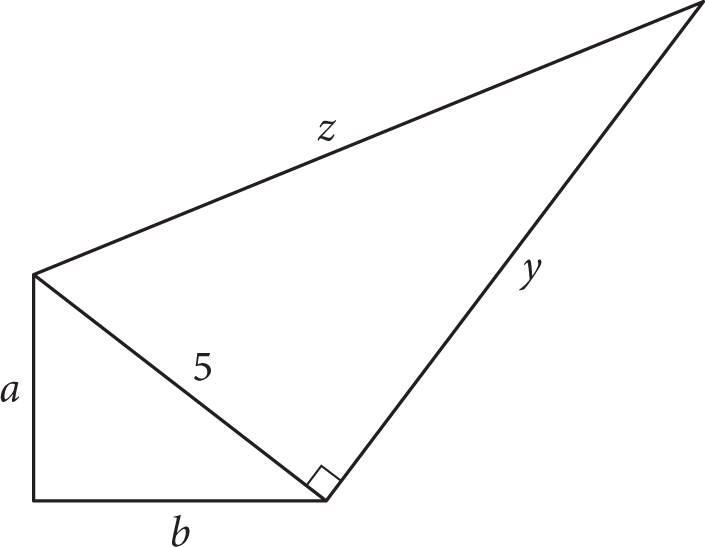 A right triangle has a leg of length 5, a leg of length y, and a hypotenuse of length z. The side of length 5 is also one side of another triangle, whose other two sides are lengths a and b, respectively.