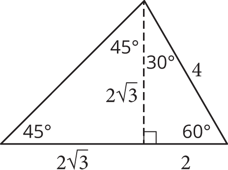 The same triangle. The vertex previous missing a measurement is labeled 60 degrees. A height has been dropped, dividing the 75-degree angle into a 45-degree angle and a 30-degree angle. The 30-60-90 triangle has leg lengths of 4 and 2, and the hypotenuse (the height of the larger triangle) is 2 times root 3. The 45-45-90 triangle has legs of length 2 times root 3.