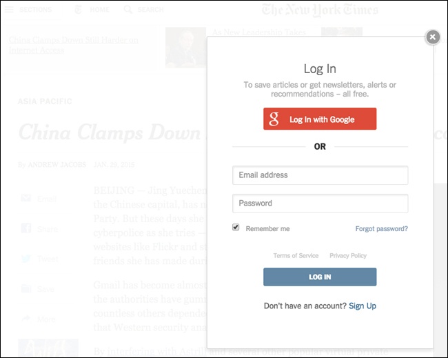 Login can be a barrier to email, or an upsell, or entirely optional. The New York Times doesn’t care to send the article for you via email unless you’re willing to log in first.