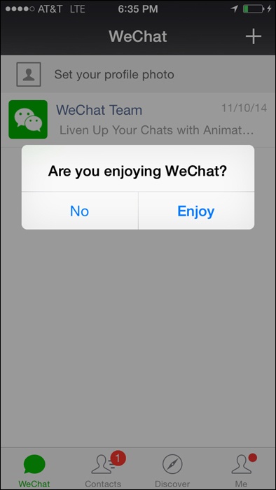 After several times opening the application, WeChat comes right out and asks if the user likes the application (WeChat iOS application).