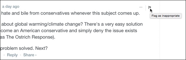 Disqus offers a flag icon on each post to make it easy for other readers to call out abusive or otherwise inappropriate or offensive.