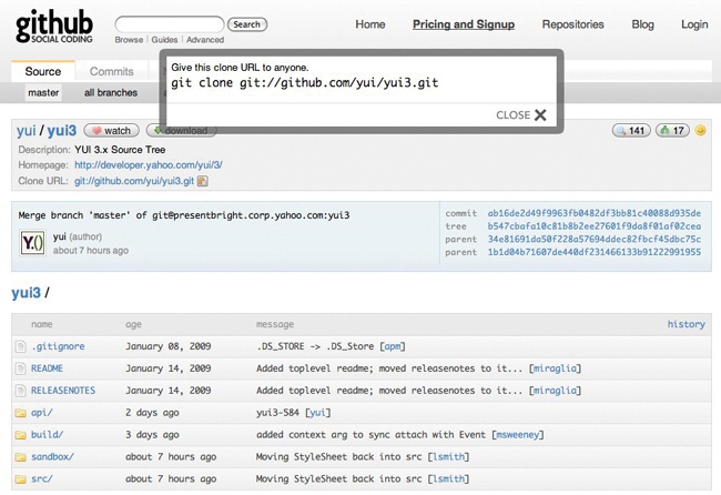 At GitHub, I can make my own clone of the YUI 3.0 codebase, fork it, and then have it merged back into the main trunk.