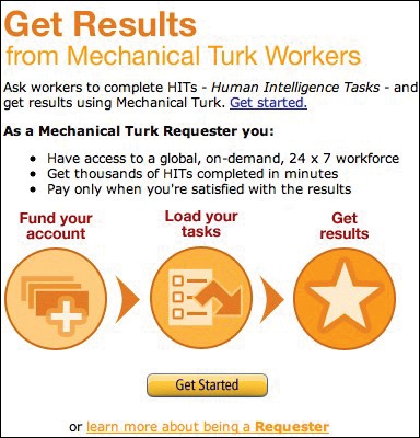 Amazon’s Mechanical Turk plays matchmaker to people looking for distributed help in solving problems or answering questions, and other people willing to do work such as this for a fee.