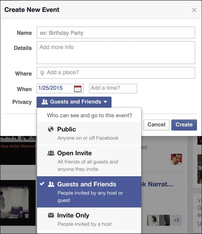 Privacy options on Facebook. Secondary text clearly articulates what each choice means.